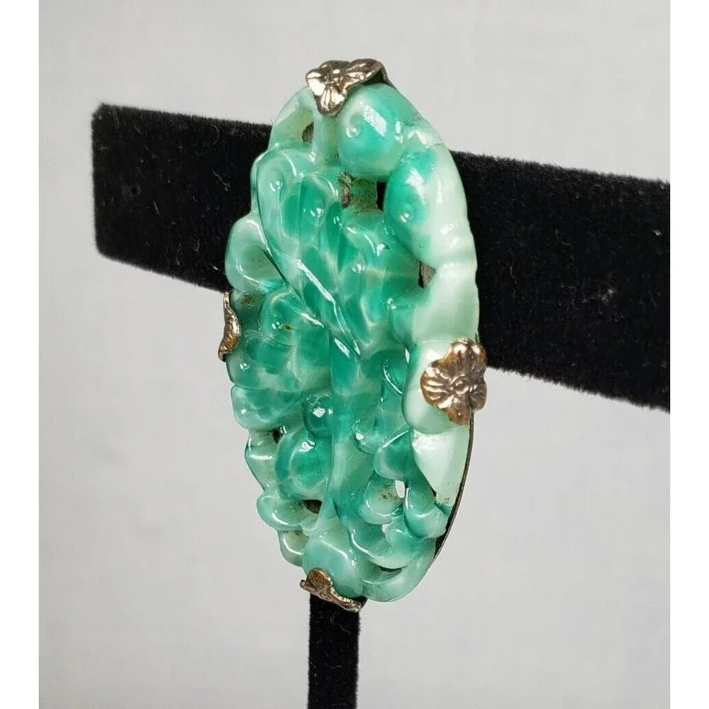 Vintage 1900 - 1920 Art Deco Carved Butterfly Jadeite Jade Silver Tone Brooch - Picture 8 of 14